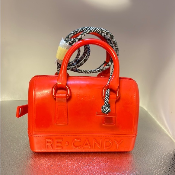 Furla Red Re-Candy Satchel Bag Structured Glossy Charm - Picture 1 of 7